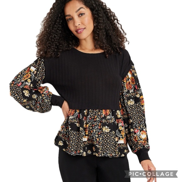 Maurices Black Ribbed Knit & Floral Patchwork Layered Scoop Neck Blouse - Picture 2 of 16